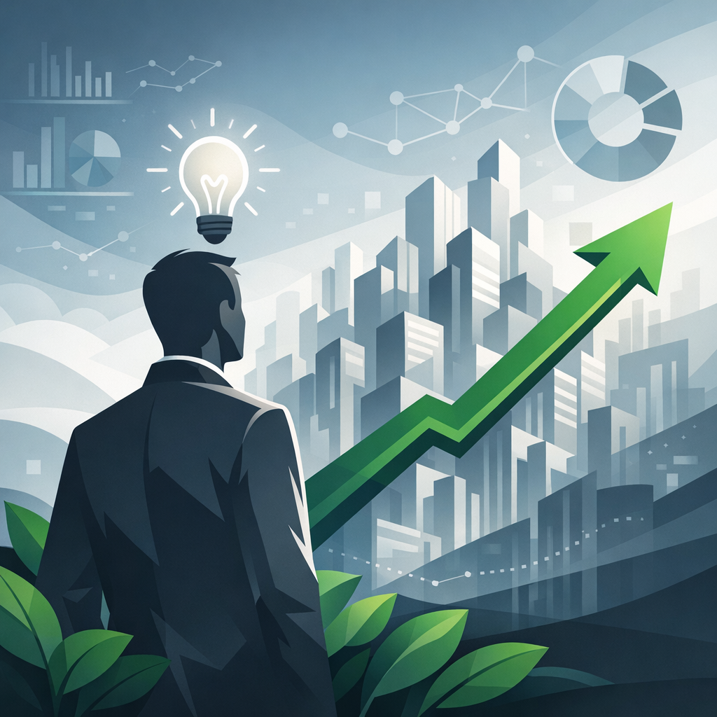 Abstract Business Silhouette with Emerald Growth Arrow
