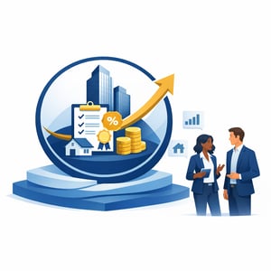 Economic Growth Emblem with Professional Figures and UI Elements