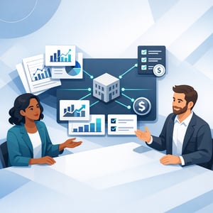 Entrepreneurs Engaging with CRM Dashboard in Techy Blue Palette