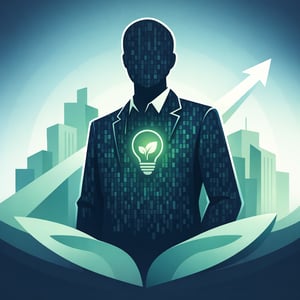 Modern Corporate Figure with Binary Silhouette and Sustainable Innovation Symbol